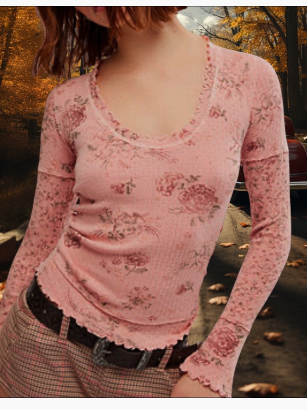 FREE PEOPLE CLOVER PINK FLORAL LONG SLEEVE TOP LARGE